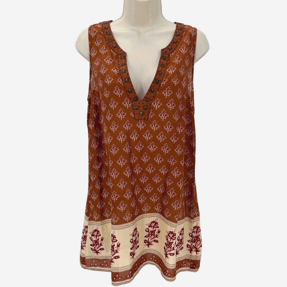 Heritage 1981 Womens Sleeveless  Brown Floral Print Metal Stud Tunic Top M
